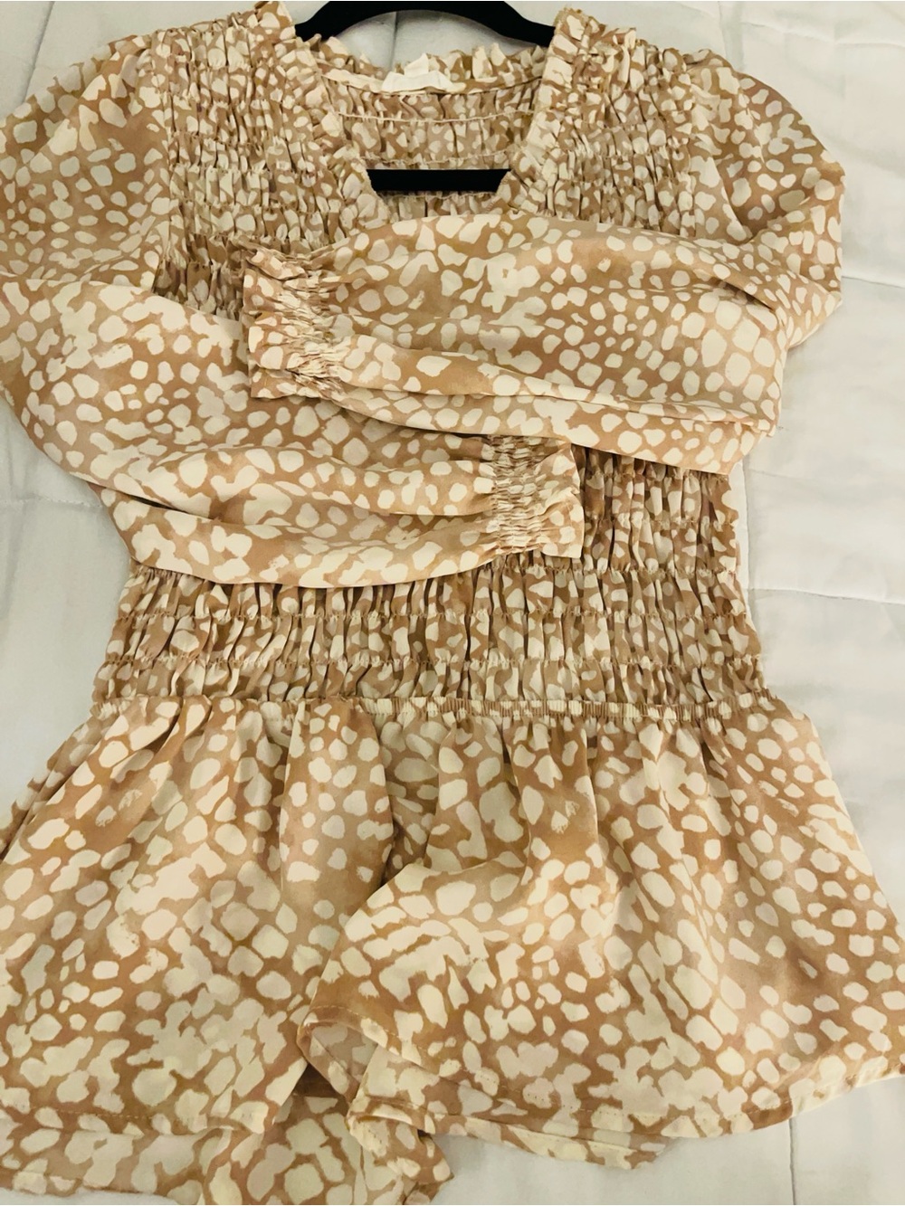 Blu Pepper Beige and White Smocked Peplum Long Sleeve Top